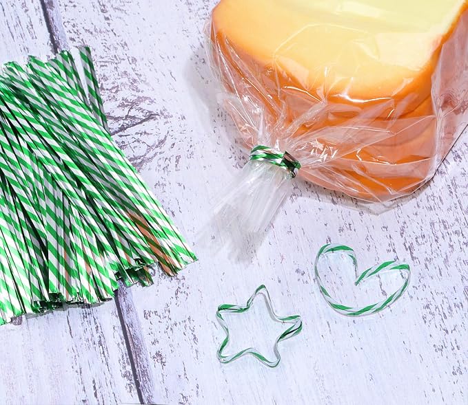 Mini Skater 4" Metallic Twist Ties Foil Bread Ties for Packaging Bakery Candy Goodies Cookies Gift Cellophane Treat Bags Christmas Wedding Party Favor Supplies,500Pcs (Green Stripe)