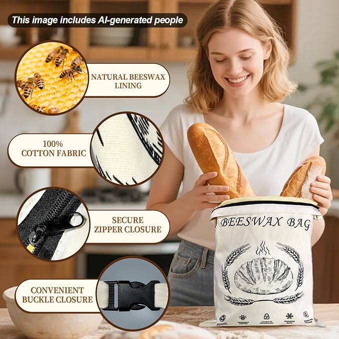 Reusable Cotton Beeswax Bread Bags 2 Pack – Extra Large 13"x17" Zipper & Roll-Buckle Double Seal for Homemade Sourdough, Keep Bread Fresh Longer, Zero Waste Bread Storage for Loaf Baguette