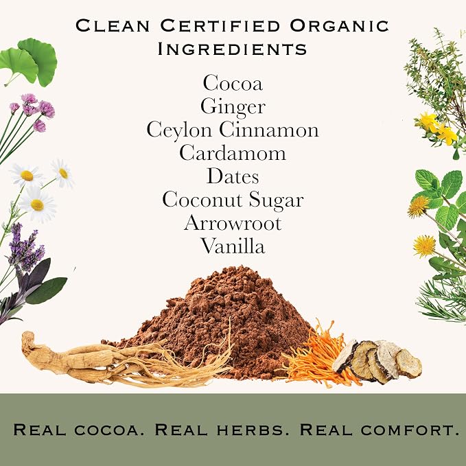 Herbal Roots Organic Digestive Functional Cocoa Beverage Powder - Ginger, Ceylon Cinnamon, Cardamom - Sweetened with Dates and Coconut - 28 Servings