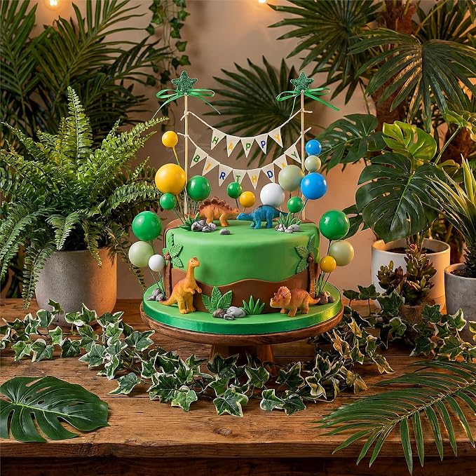 31 Pcs Happy Birthday Cake Topper Cake Bunting Topper Banner with Wood Pole Rainbow Garland with Bow Ribbon Balloon, Mini Cupcake Decor for Birthday Baby Shower (Green Dragon)