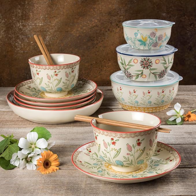 Euro Ceramica Ella 3 Piece Nesting Storage Bowls Set with Lids Assorted Multicolor Asian Floral Design, 82Fl oz