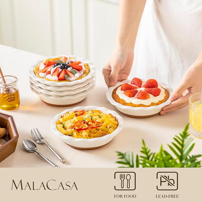 MALACASA Ceramic Mini Pie Pans Set of 6, 6 Inch Pie Plates for Baking with Ruffled Edge, Small Quiche Baking Dish Pans Tart Pans, Individual Pot Pie Plates, Microwave & Oven Safe, Khaki White