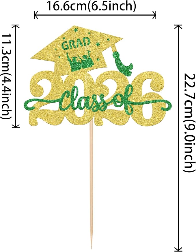 1 Pack Class of 2026 Cake Topper Glitter Congrats Grad Cap 2026 Graduation Cake Pick for 2026 Graduation Theme High School Graduate Party Cake Decorations Supplies Gold Green