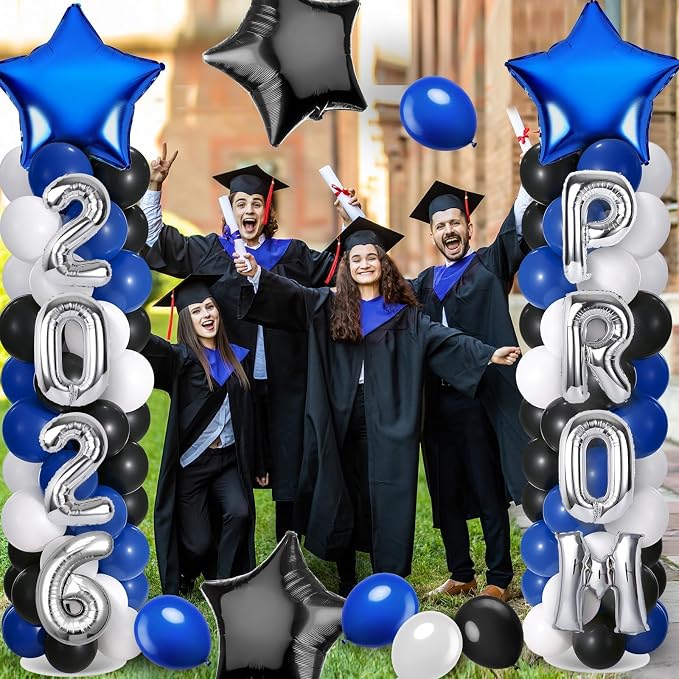 2 Sets Graduation Balloon Column Stand Kit with Balloons Prom Send off 2026 Grad Prom Themed Decor Black Blue White Balloon Tower Stand for Floor Grad School & College Celebration Party Supplies