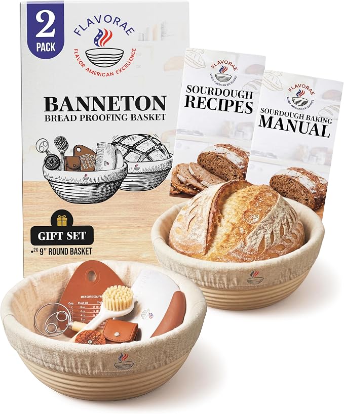 Banneton Bread Proofing Basket with Liners - Natural Rattan Dough Riser, Sourdough Bread Basket, Artisan Bread Loaves, Homemade Bread Making - 2 Pack 9" Round Basket Set