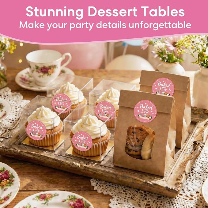 Baked with Love Stickers 120PCS 1.6 Inch Round Baking Labels for Cookies Cupcakes Dessert Table Treat Bags Gift Wrapping Birthday Party Candy Bags Homemade Packaging Small Business (Pink)