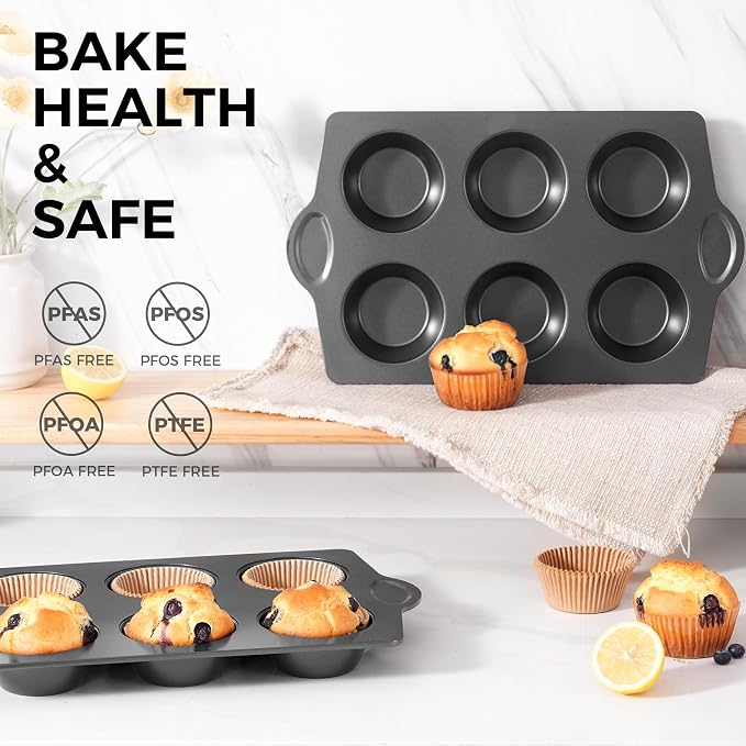 HONGBAKE Nonstick Jumbo Muffin Pan, 2 Pack Large Cupcake Tin with 120pcs Muffin Liners, Cup Cake Tray for Baking, 3.5dia, 6 Cup, Premium, Extra Thick