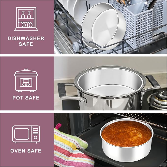 Herogo Cake Pans Set of 2, 6'' x 3'' Stainless Steel Deep Round Baking Pans, for Layer Birthday Wedding Christmas Cakes, Deep Side & One-piece Construction, Oven & Dishwasher Safe