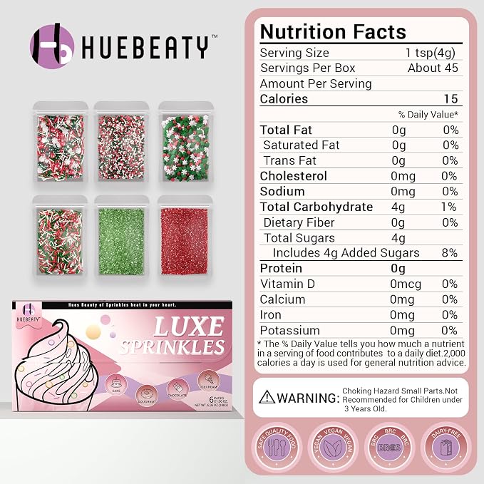 HUEBEATY 6-in-1 Christmas Red and Green Sprinkles for Cookies Baking - 180g Nonpareils, Jimmies, Christmas Tree & Sugar Sprinkles, Holiday Santa Sprinkles Bulk for Cakes, Cupcakes, Hot Chocolate Decorating
