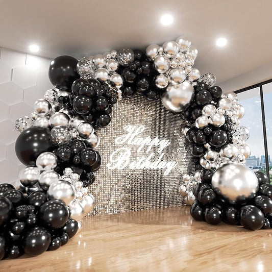 Black and Silver Balloon Arch Kit, 140Pcs Different Sizes inch Black Metallic Silver Balloons and Confetti Party Balloon Garland Kit for Birthday, Wedding, Graduation, Anniversary Decorations