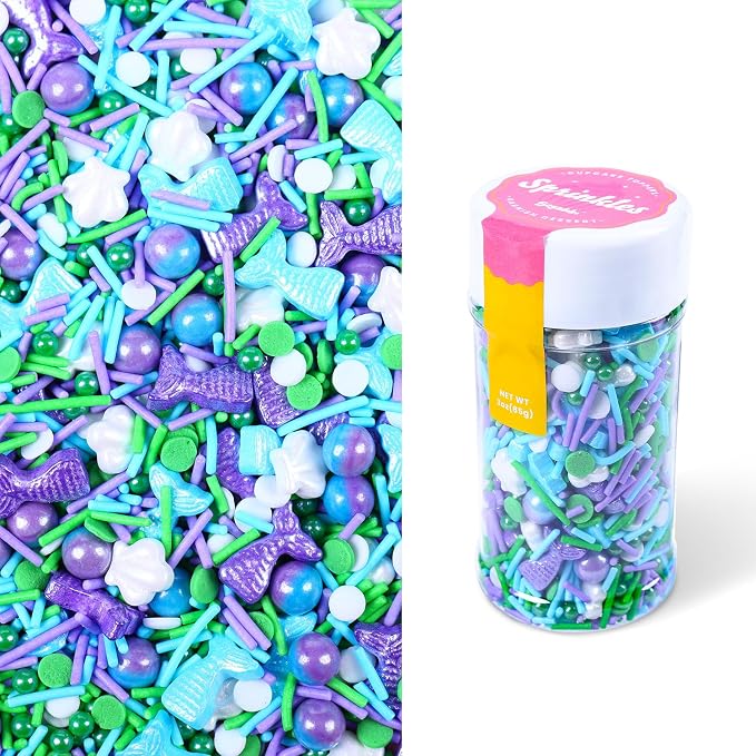 Mermaid Themed Sprinkle for Cake Decorating, Purple Blue sprinkles for Edible Cupcakes toppers, Birthday Party Candy for Decorating Cakes, Cupcakes, Cookies & Desserts