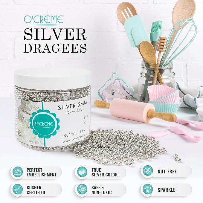 O'Creme Silver Dragees Cake Decorating Supplies for Bakers: Cookie, Cupcake & Icing Toppings, Bright Metallic Sphere Sprinkles Decoration, Certified, Decorating Sugar Ball Accents - 8mm, 32 Oz