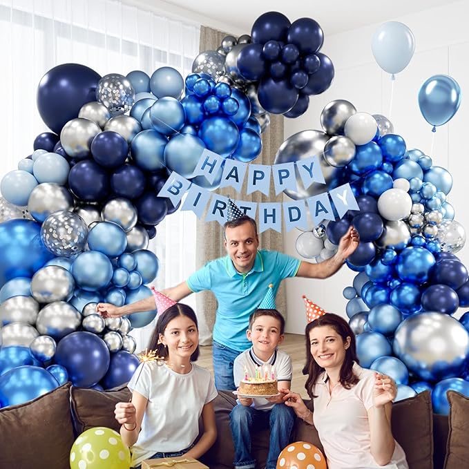 134pcs Blue Balloon Arch Kit, Blue Balloon Garland with Blue and Silver Balloons for Wedding Baby Shower Graduation Birthday Party Decorations