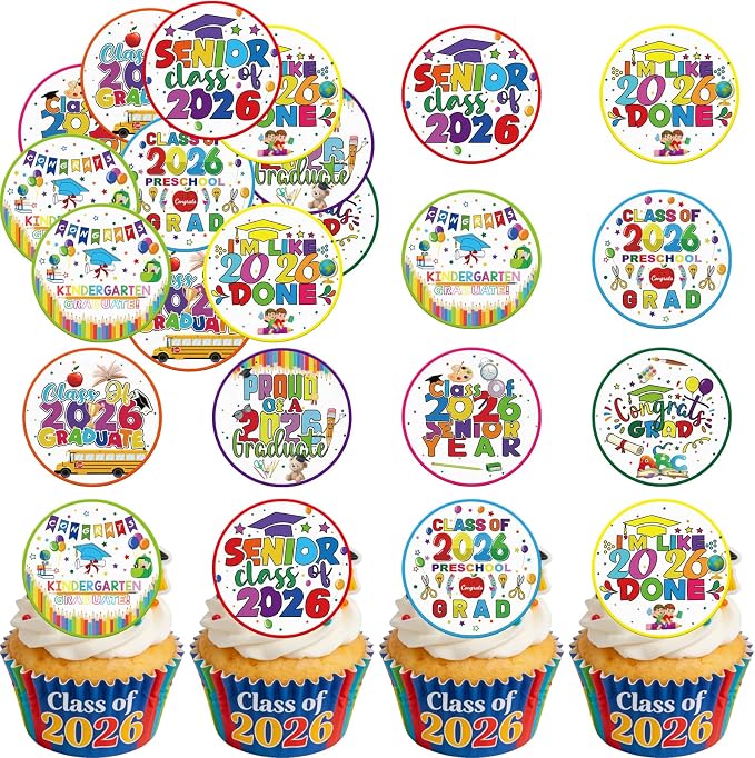 48pcs Edible 2026 Kindergarten Graduation Cupcake Toppers Wafer Paper Preschool Cake Decorations Edible Class of 2026 Cupcake Picks for 2026 Kindergarten Grad Theme Party Cake Decor Supplies