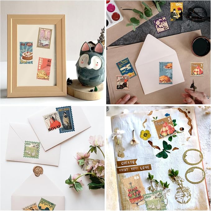 Prstincol 100 Pcs Scrapbooking Stickers,Food Stickers for Scrapbooking,Vintage Stamp Sticker for Journaling,Retro Poster Sticker for Water Bottle Laptop Phones Bullet Journal