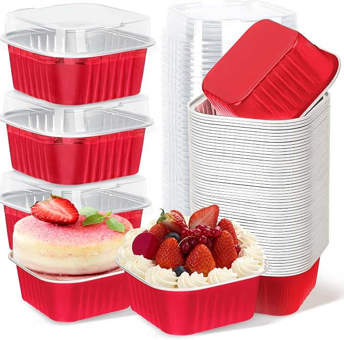 100Pack 5oz Christmas Mini Cake Pans with Lids Baking Cups Aluminum Foil Pans Tins, Individual Dessert Cups Containers for Sales,Party,Picnics Red