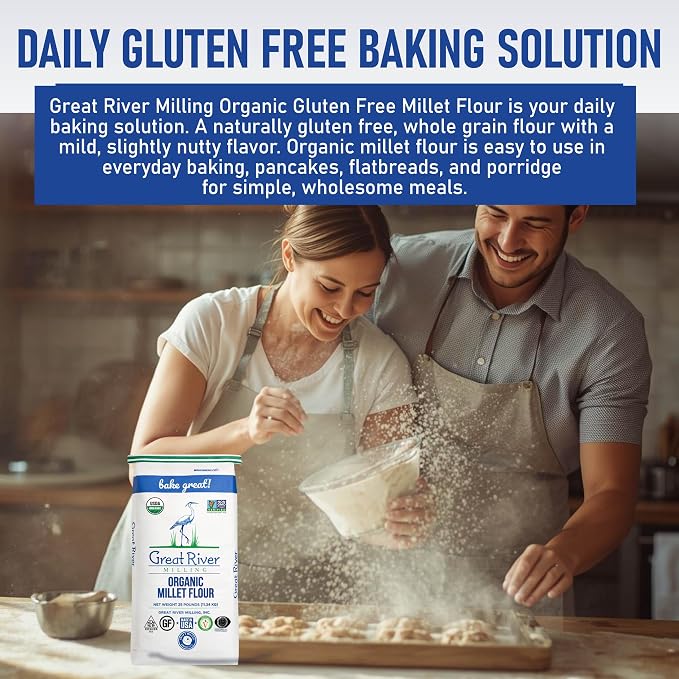 Great River Milling Organic Millet Flour | USDA Organic, Naturally Gluten Free, Non-GMO, Vegan, Kosher | Mild, Nutty Flavor for Baking, Flatbreads, Pancakes & Porridge | 25 Lb