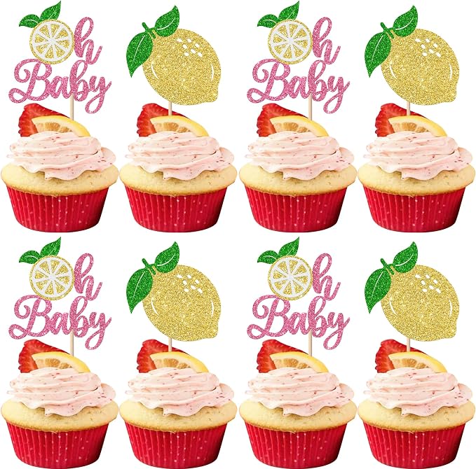 Rsstarxi 24 Pack Lemon Oh Baby Cupcake Toppers Lemonade Baby Shower Decorations Fruit Theme Lemonade Cupcake Picks for Lemon Birthday Party Cake Decorations Pink