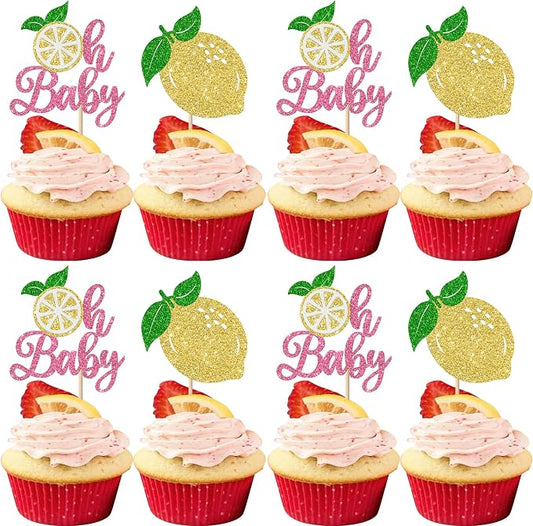 Rsstarxi 24 Pack Lemon Oh Baby Cupcake Toppers Lemonade Baby Shower Decorations Fruit Theme Lemonade Cupcake Picks for Lemon Birthday Party Cake Decorations Pink