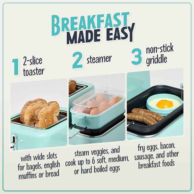 Nostalgia Classic Retro 3-in-1 Breakfast Station, 2-Wide Slot Toaster With Adjustable Toasting Control, Non-Stick Griddle, 6 Capacity Egg Cooker With Lid