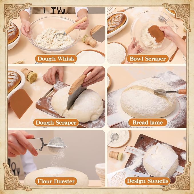 Sourdough Starter Kit, Sourdough Tools with Banneton Bread Proofing Basket, Sourdough Starter Jar, Sourdough Bread Baking Supplies, Complete Sourdough Kit Gifts for Bakers Women Mom