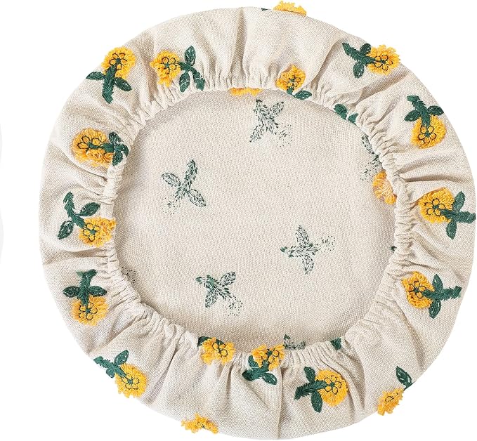 Reusable Bowl Covers for Bread Proofing Baking Embroidered Daisy Linen Cotton Cloth Fabric Washable with Elastic Cover for Food Fruit Salad Eco-friendly (Beige Daisy)