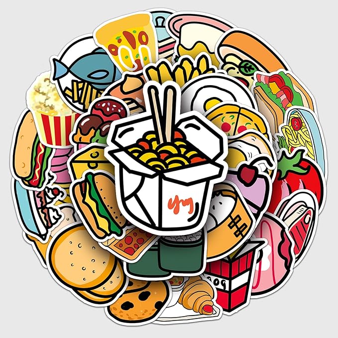 50 Pcs Cute Cartoon Food Stickers - Kawaii Doodle Vinyl Decals for Kids, Teachers, Journal & Laptop Decor - Waterproof Fun Sticker Pack (Cartoon Food)