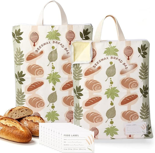 2 Pack Beeswax Bread Bags for Sourdough, 17x13 Inch Reusable Cotton Bread Storage Bags with Zipper and Handle Natural Beeswax Lining Freezer Friendly with 10 Food Labels Included (Bakery Leaves)