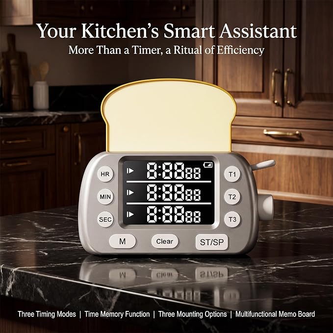 Digital Kitchen Timer for Cooking - 3-Channel Magnetic Countdown Timers with Memory Preset for Baking, Toaster, Eggs Includes Memo Notes (Silver)
