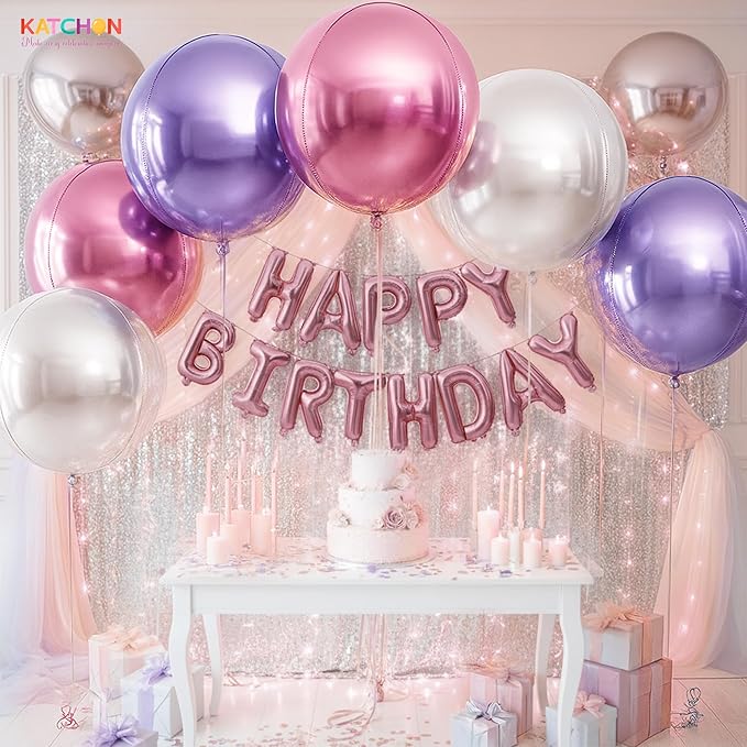 KatchOn, Pink Purple Silver Round Foil Balloons - 22 Inch, Pack of 6 | Metallic Giant 4D Round Balloons for Princess Party Decorations | Foil Balloon For Birthday, Gender Reveal, Baby Shower