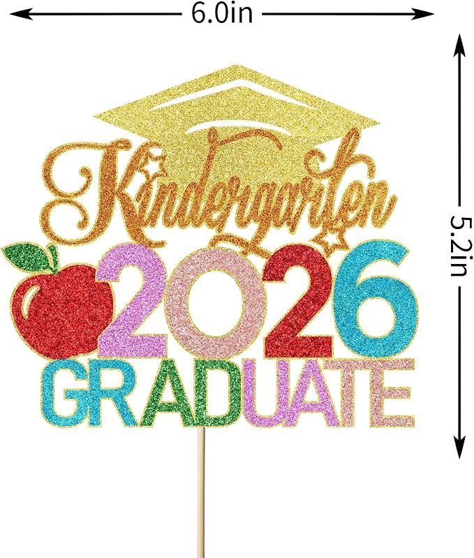 Kindergarten 2026 Graduate Cake Topper, Chirldren Graduation Cake Decorations, Preschool Kindergarten Graduations Party Decoration, Glitter Grad 2026 Happy Graduation (Gold Orange)