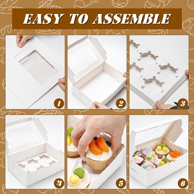 NPLUX 30 Pack Cupcake Boxes with Inserts 6 Holders, White Standard Bakery Boxes with Window Food Grade Cupcake Containers for Muffins,Gift Treat Boxes for Cupcakes