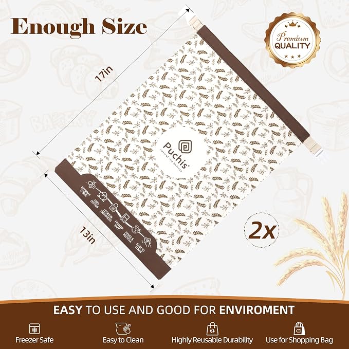 Beeswax Bread Bags for Homemade Bread, 2-Pack XL Sourdough Bread Bags, Reusable Cotton Bread Storage Bags, Beeswax Lined, Freezer Safe, 17" x 13"