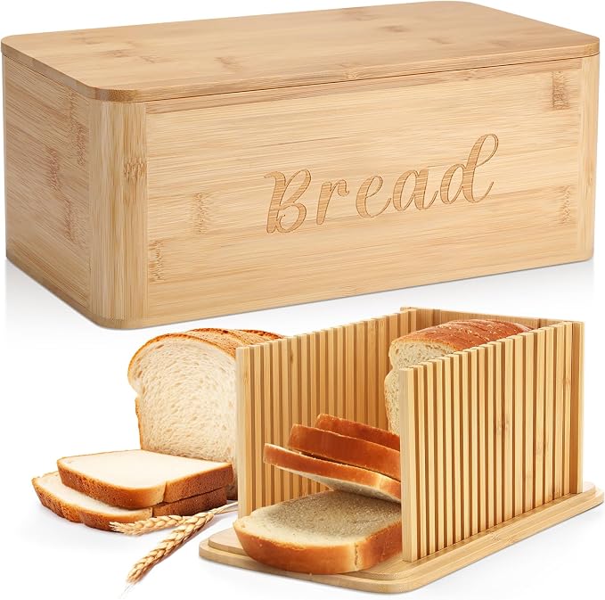 Bread Box with Bread Slicer Storage Container for Kitchen Countertop Food Storage with Multifunction Bamboo Lid, 3 in 1 Breadbox Removable Cut Board for Loaf Slicing (Wood Color,Wooden, Bamboo)