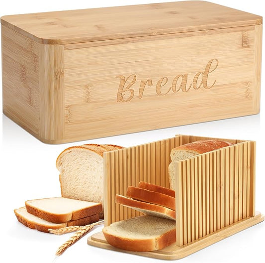 Bread Box with Bread Slicer Storage Container for Kitchen Countertop Food Storage with Multifunction Bamboo Lid, 3 in 1 Breadbox Removable Cut Board for Loaf Slicing (Wood Color,Wooden, Bamboo)