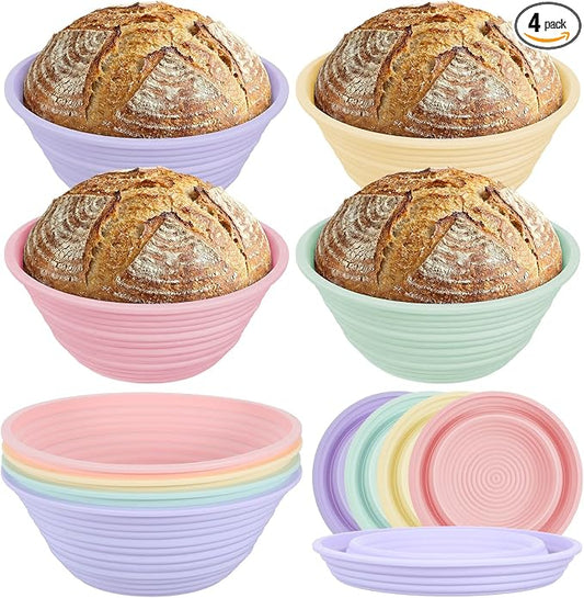 4Pcs Silicone Banneton Bread Proofing Baskets, 9 Inch Round Sourdough Foldable Non-Stick Dough Proofing Bowl Making-BPA Free Optimum Sourdough Bread Baking Supplies