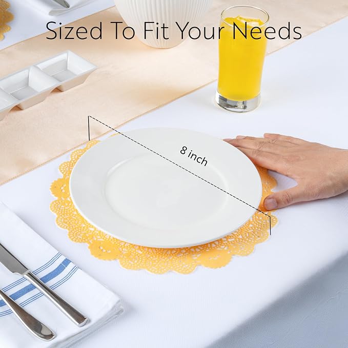 Pastry Tek 8 x 8 Inch Paper Lace Doilies, 4000 Disposable Table Doilies - Elegant Lace Finish, Long Lasting, Orange Paper Doily, for Pastries, Cupcakes, Desserts - Restaurantware