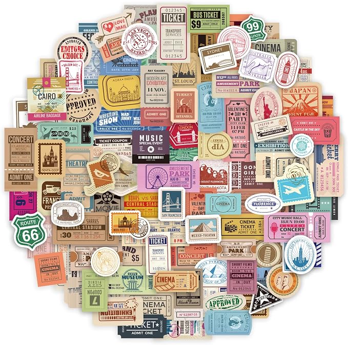 Prstincol 300 Pcs Vintage Travel Stickers Ticket Stickers for Journaling,Luggage Sticker Stub Vintage Sticker for Junk Journal Crafts Laptop Water Bottle Album Scrapbook