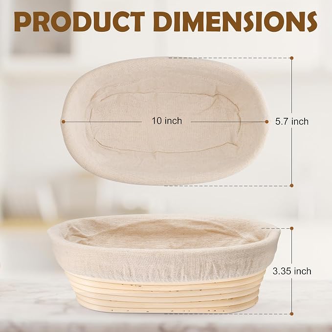 E-far Bread Proofing Basket Set of 2, 10 Inch Oval Dough Bowls for Rising, Sourdough Bread Baking Supplies with Liners for Home and Professional Baking