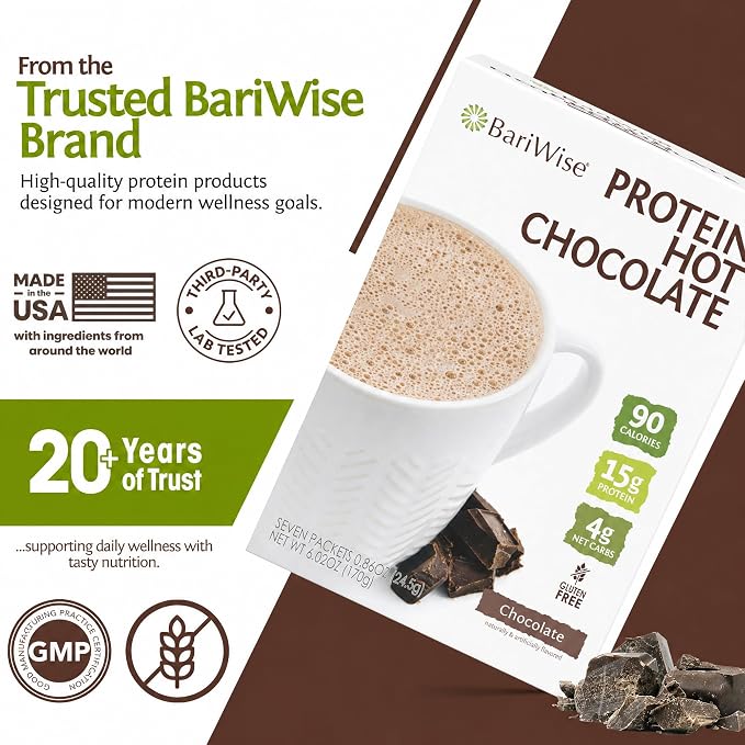 BariWise Protein Hot Chocolate, Hot Cocoa, Low Sugar, Low Carb, Keto Friendly & Gluten Free (7ct)