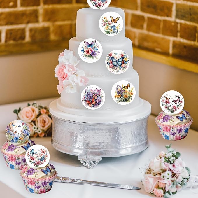 Edible 36PCS Flower Cupcake Toppers Wafer Paper Butterfly Floral Baby Shower Cake Decorations Edible Spring Flower Cupcake Toppers for Floral Theme Birthday Party Decoration
