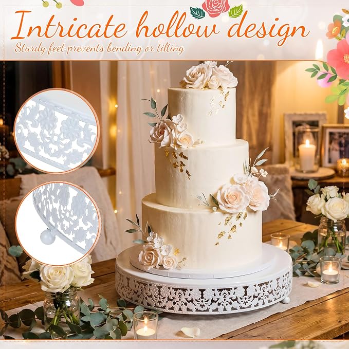 Wenqik 2 Pack Cake Stand Set, 14/16 Inch Metal Round Cupcake Dessert Stand Decorative Elegant Cake Display for Weddings Party Birthday Baby Showers Anniversary(Classic Floral,White)