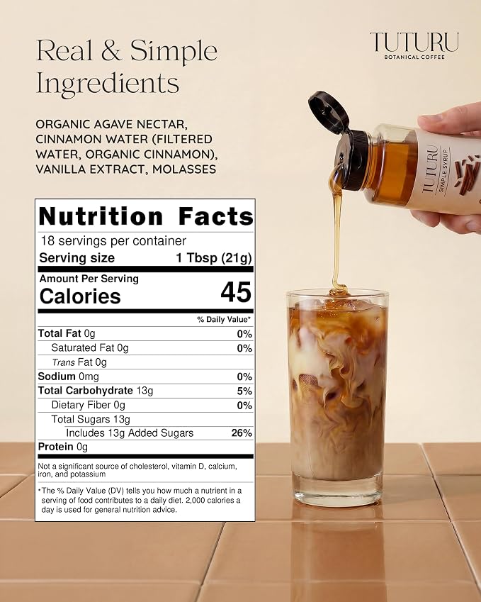 Cinnamon Dolce Simple Syrup for Coffee, Cocktails, Tea, Matcha - Sweetened with Agave Nectar - Clean Simple Syrup with Real Cinnamon, Molasses and Vanilla - 13.5 oz