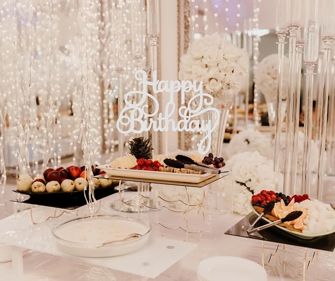 Happy Birthday Cake Topper - Silver Glitter Birthday Party Cake Decoration Supplies, Photo Booth Props