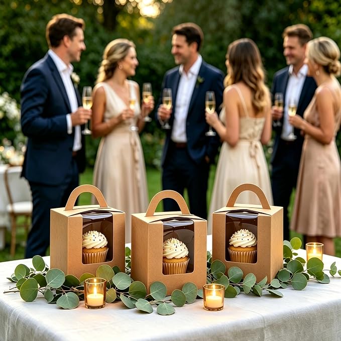 120 Pack Single Cupcake Box, Kraft Paper Individual Cupcake Container with Window Inserts, Brown Cupcake Packaging Box with Handles for Muffin, Cocoa Bomb, Party Favor Pastry Treat Boxes