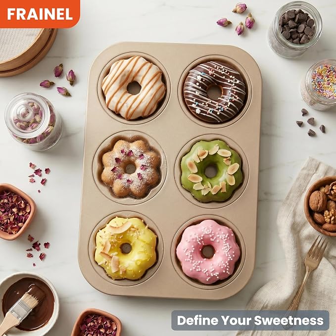 6-Cavity Donut Pan for Baking, Non-Stick Carbon Steel Doughnut Molds with 3 Unique Shapes (Petal, Swirl & Classic), Heavy-Duty Bagel & Mini Bundt Tray, Champagne Gold