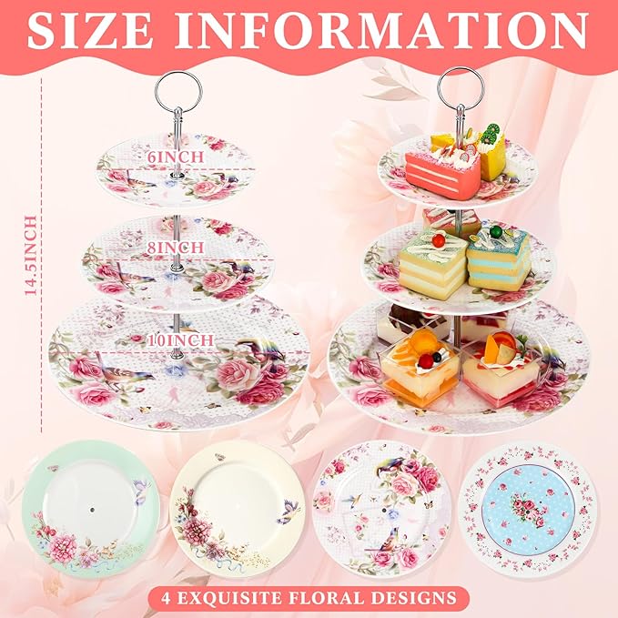 Dandat 4 Pcs 3 Tier Cake Stand Floral Ceramic Afternoon Serving Tray Porcelain Dessert Stand 6" 8" 10" Cake Stand 3 Tier Serving Platter for Tea Party, Wedding and Birthday, 4 Colors