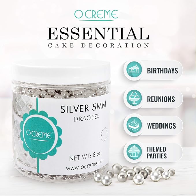 O'Creme Silver Dragees Cake Decorating Supplies for Bakers: Cookie, Cupcake & Icing Toppings, Bright Metallic Sphere Sprinkles Decoration, Certified, Decorating Sugar Ball Accents - 2mm, 8 Oz