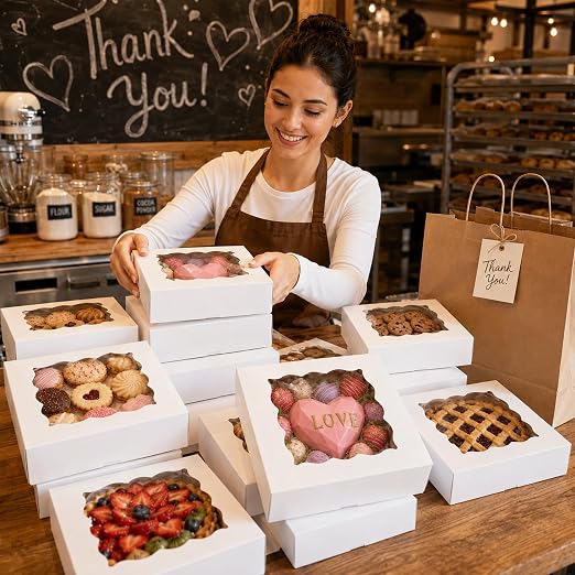 NPLUX 20 Pack Pie Boxes 10x10x3inch Bakery Boxes with Window Dessert Pastry Box for Pies,Cheesecakes and Chocolate Covered Strawberries, Graduation Gifts Party Favors(White)