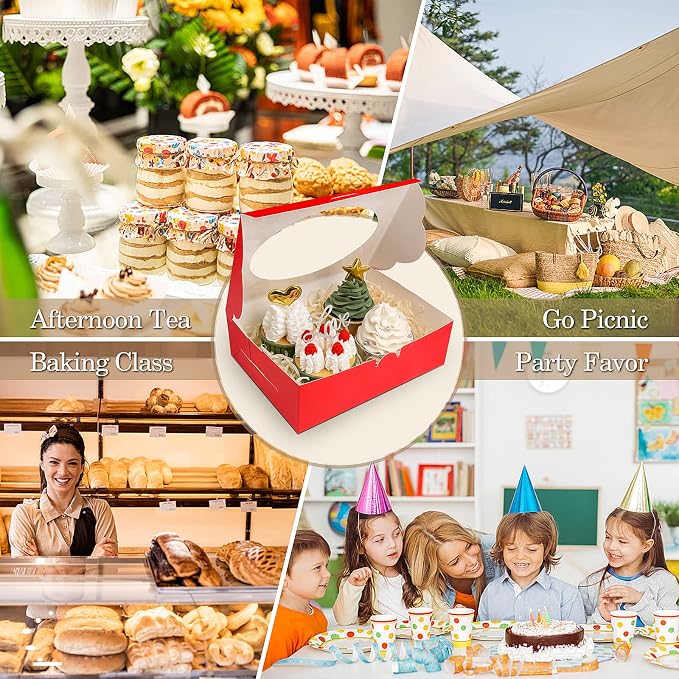 KPOSIYA 65 PCS 8x6x2.5 Inch Cookie Boxes with Window Red Bakery Boxes Pastry Boxes for Gift Giving, Treat, Dessert, Cupcakes, Chocolate, Strawberries, Donuts, Muffins (5 Style Windows)